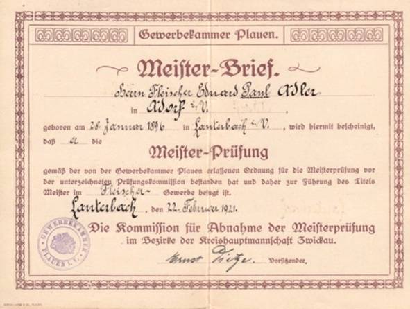 C:\Users\Hörr\Andrea\Adorf\Gewerbeverein\Fleischermeister Paul Adler\Adlerfleischer Markt 6\1921-02-22  Paul Adler Meisterbrief.jpg